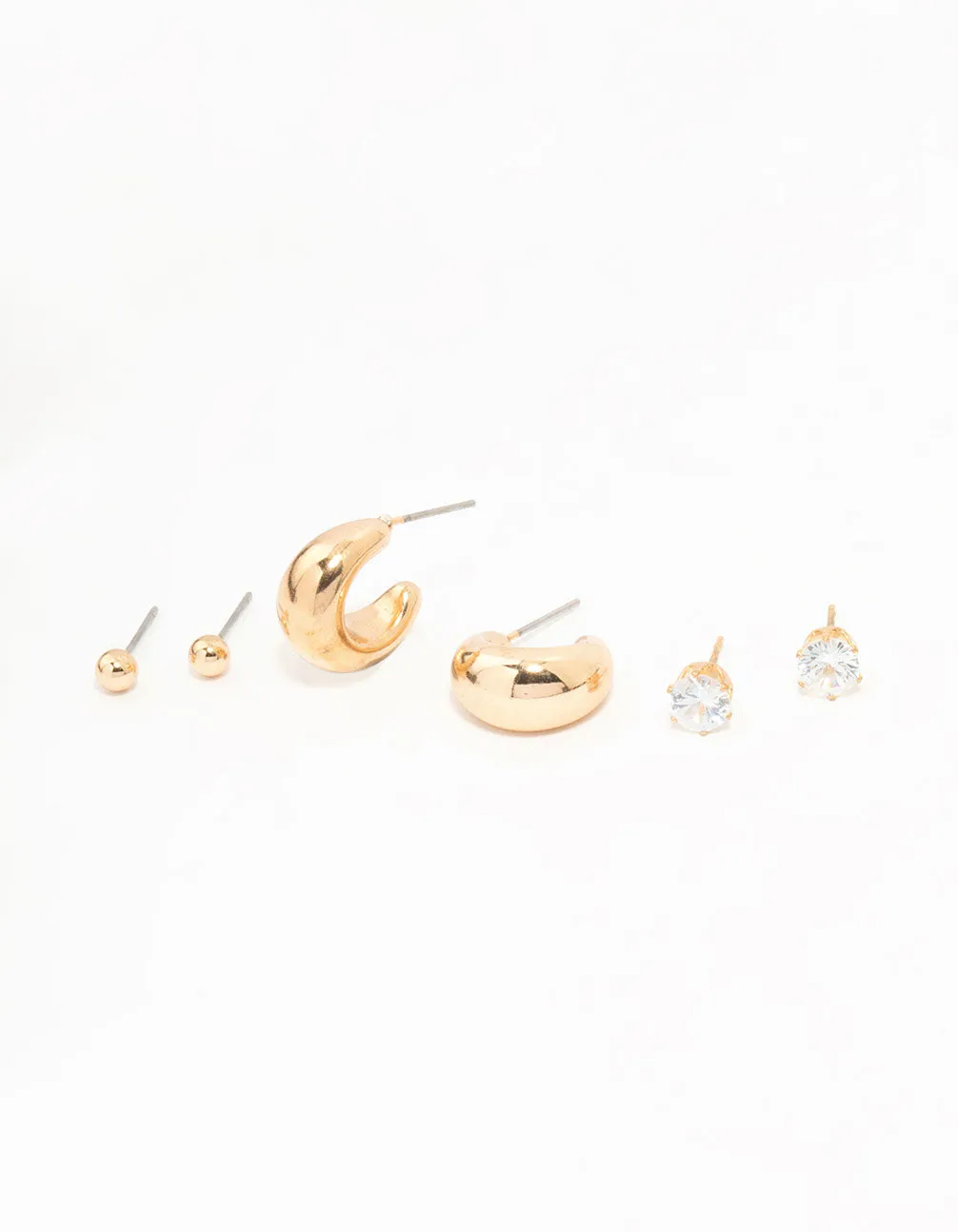 Gold Hoop, Sleek & Diamante stud Earrings 3-Pack