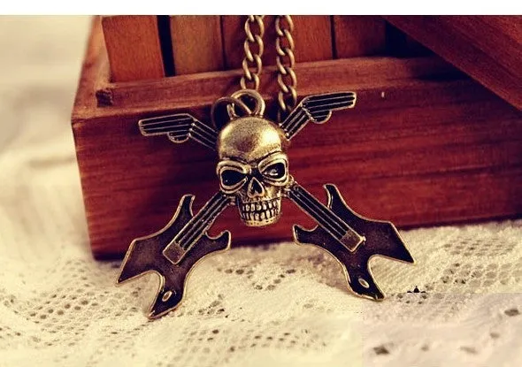 Hot-Europe And America Retro Skull Guitar Instrument Long Necklace Sweater Chain