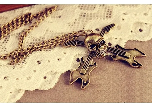 Hot-Europe And America Retro Skull Guitar Instrument Long Necklace Sweater Chain