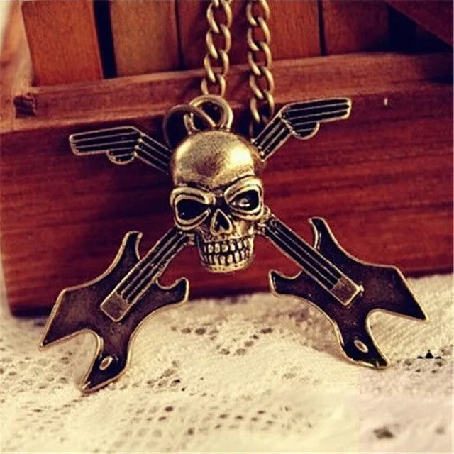 Hot-Europe And America Retro Skull Guitar Instrument Long Necklace Sweater Chain