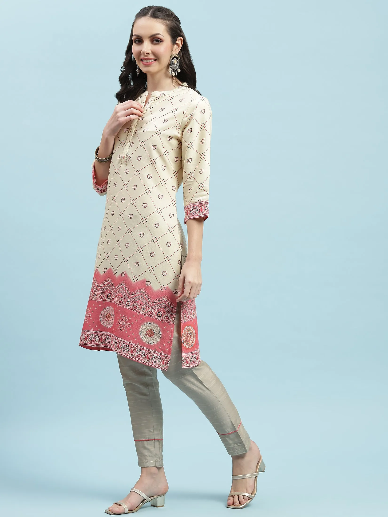 Indiessence Beige Ornamental Printed Kurta