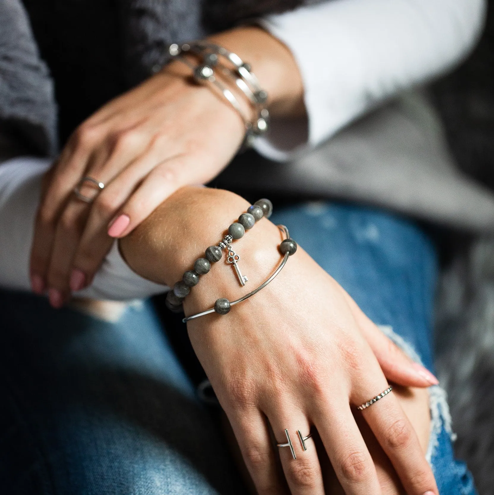 Love | Stone Beaded Charm Bracelet | Rose Quartz