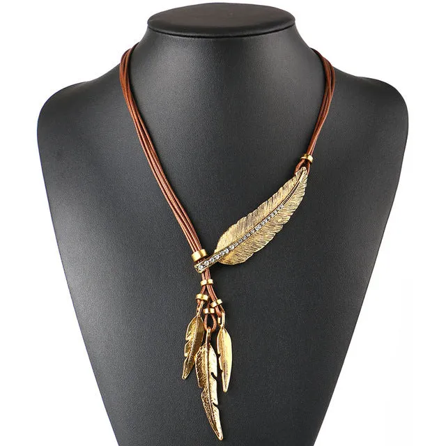 Match-Right Necklace Alloy Feather Statement Necklaces Pendants Vintage Jewelry Rope Chain Necklace Women Accessories  NL535