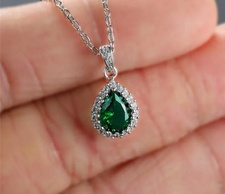 Multicolor Crystal Water Drop Stone Pendant Green Red Blue Zircon Necklaces For Women