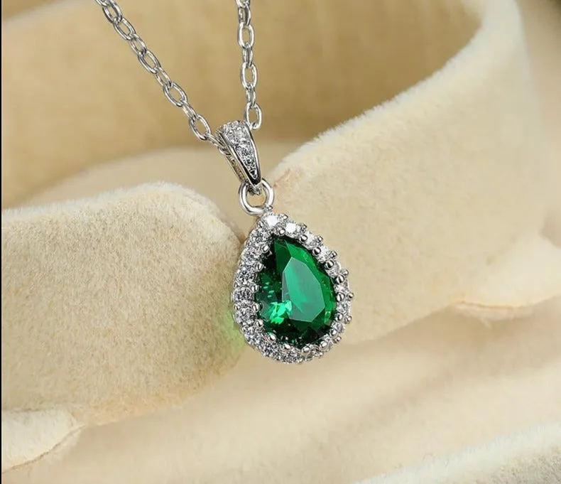 Multicolor Crystal Water Drop Stone Pendant Green Red Blue Zircon Necklaces For Women