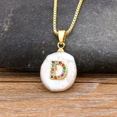 Natural Freshwater Pearl Necklace with Initial A-Z for Women in Gold Color