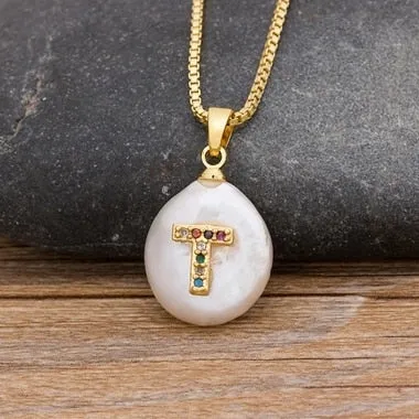 Natural Freshwater Pearl Necklace with Initial A-Z for Women in Gold Color