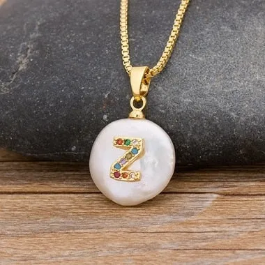 Natural Freshwater Pearl Necklace with Initial A-Z for Women in Gold Color