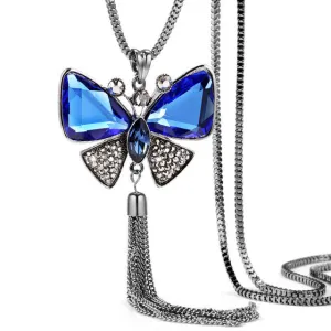 New Arrival Butterfly Necklace Trendy Zinc Alloy Rhinestone Crystal Necklace Long Chain Pendant Necklaces For Women Jewelry