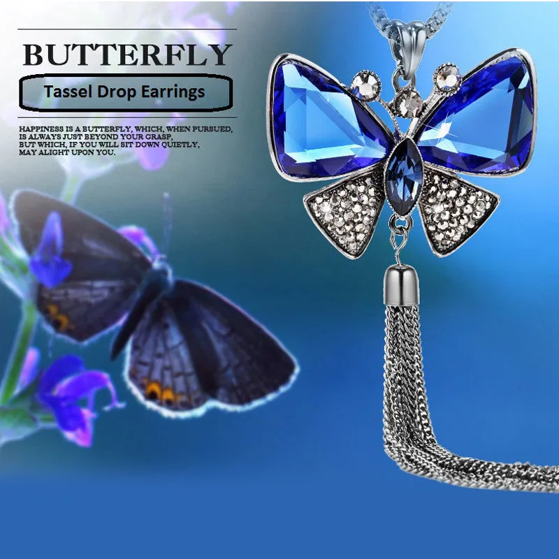 New Arrival Butterfly Necklace Trendy Zinc Alloy Rhinestone Crystal Necklace Long Chain Pendant Necklaces For Women Jewelry