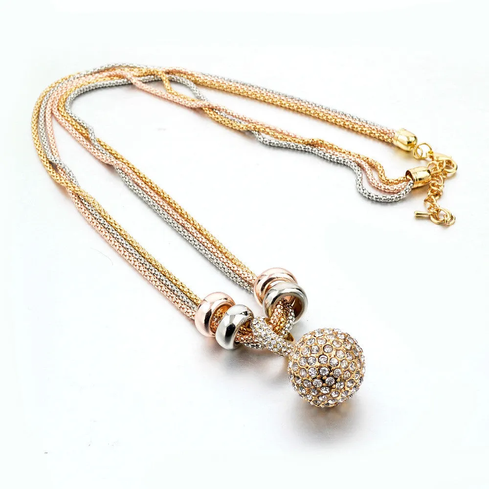 New Design Necklace & Pendant Gold Silver Chain Long Necklace Full Rhinestone Ball Pendant Necklace For Women