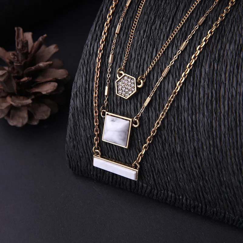 New Fashion Geometric Pendant Necklace Alloy Three Layer Chain Necklace for Women Birthday Gift