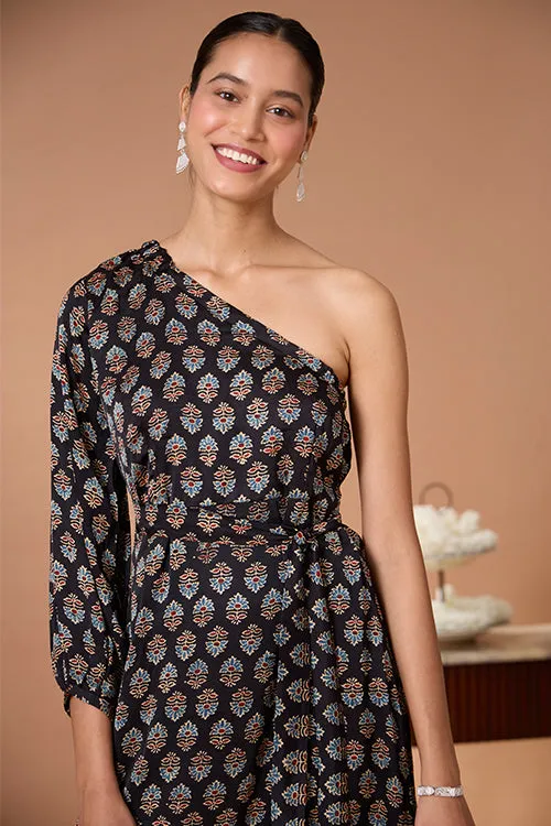 Okhai "Garnet Gypsy" Handblock Printed Modal Ajrakh One-Shoulder Dress