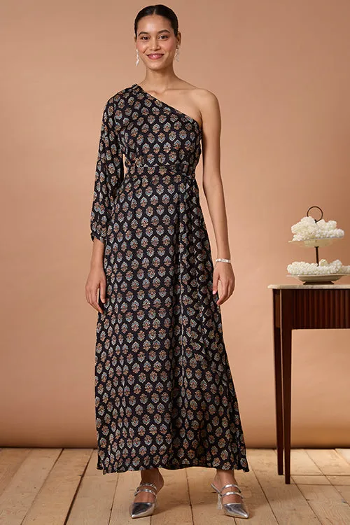 Okhai "Garnet Gypsy" Handblock Printed Modal Ajrakh One-Shoulder Dress