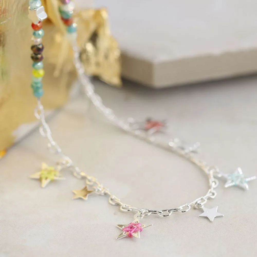 POM Silver Plated Necklace With Mixed Beads and Stars