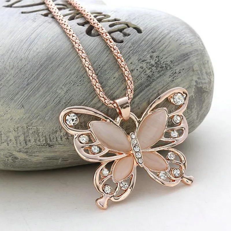 Rose Gold Acrylic Crystal 4CM Big Butterfly Pendant Necklace 70CM Long Chain Sweater  Jewelry For Women