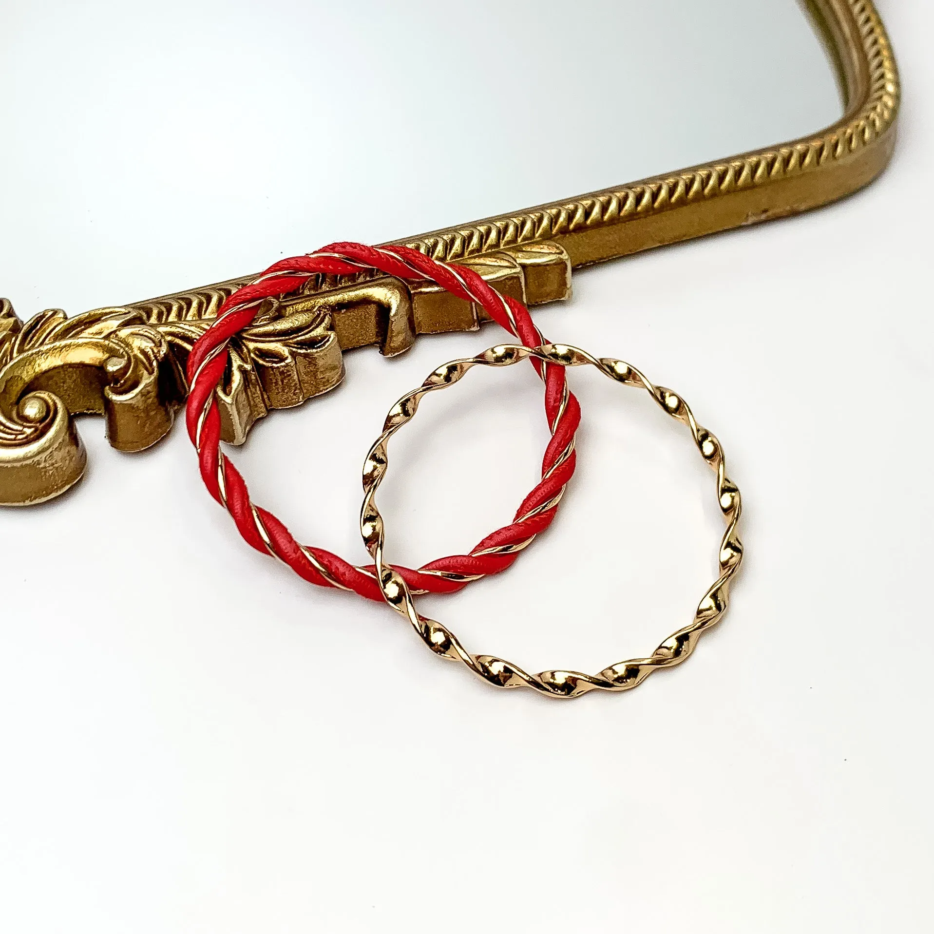 Set of Two | Coastal Babe Gold Tone Bangle Set with Faux Leather Wrap in Red