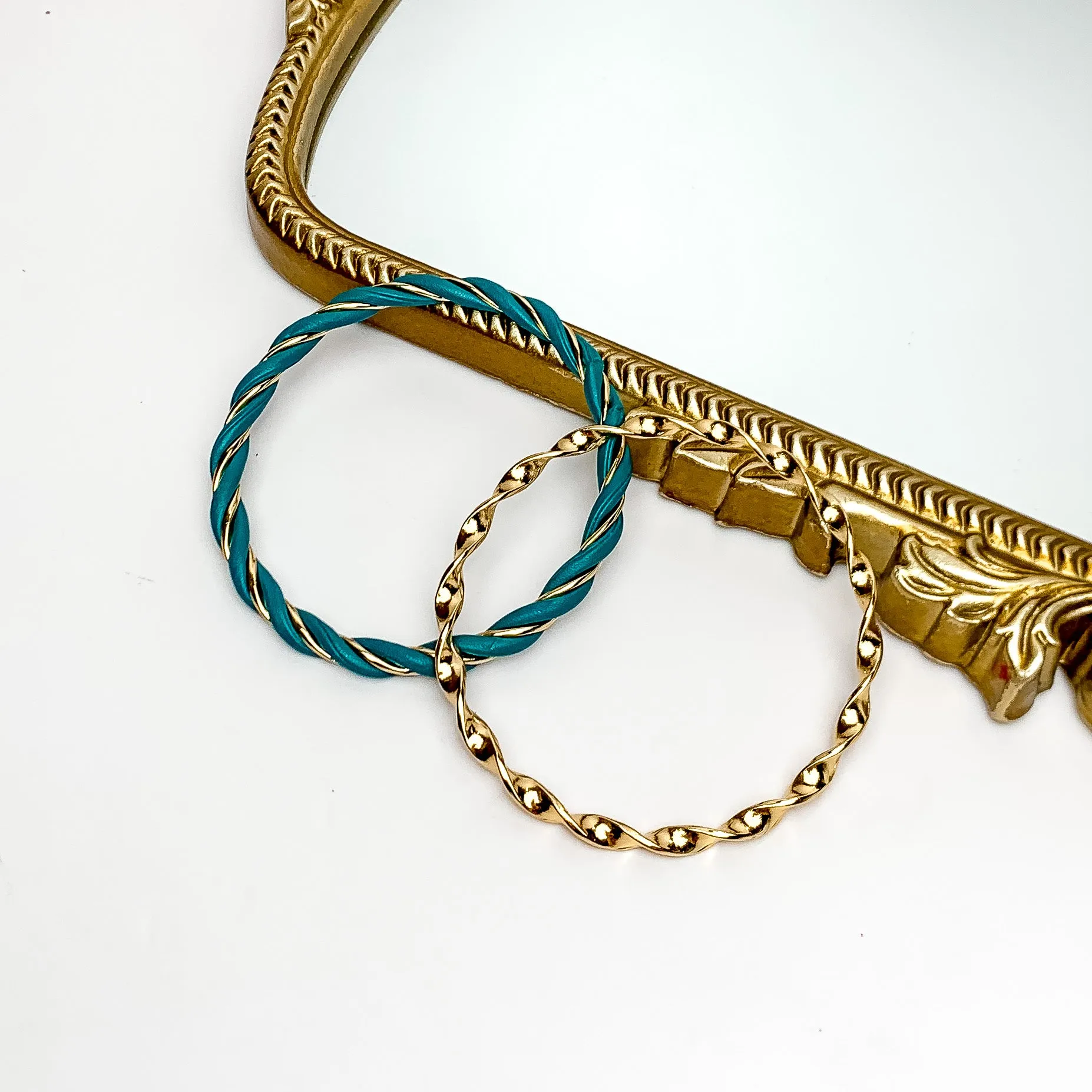 Set of Two | Coastal Babe Gold Tone Bangle Set with Faux Leather Wrap in Teal Green