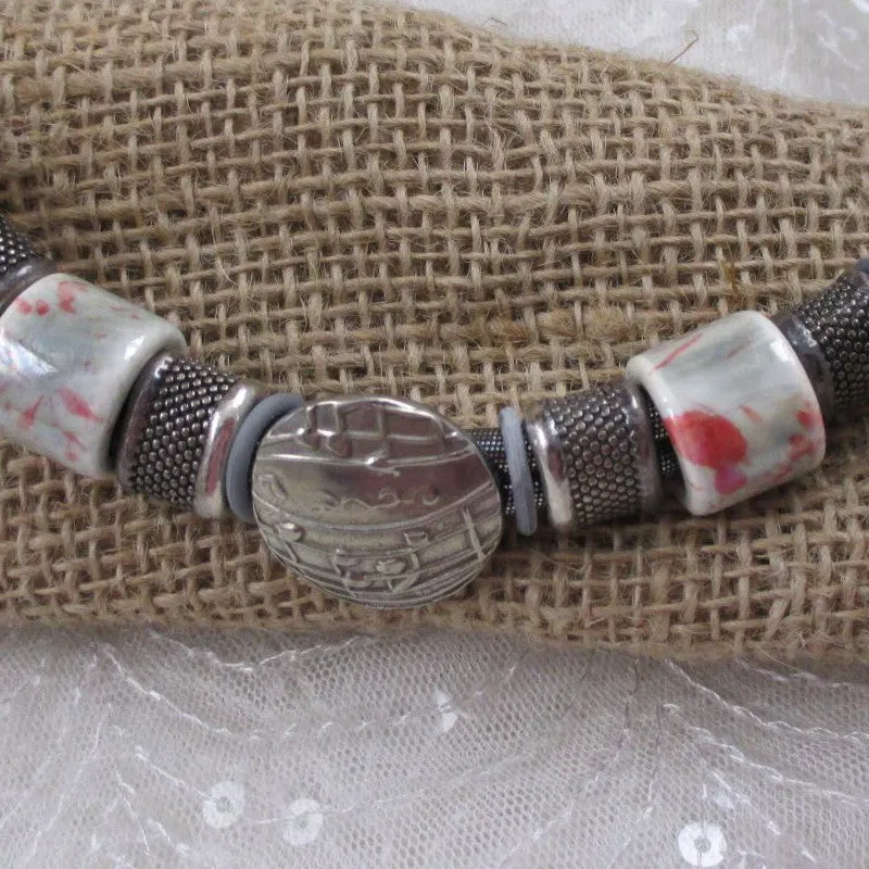 Silver Metallic Cord Silver & Ceramic Handmade Necklace