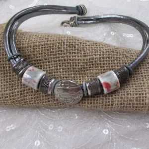 Silver Metallic Cord Silver & Ceramic Handmade Necklace