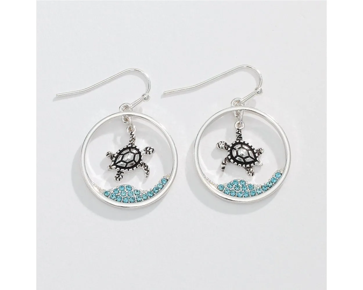 Silver Turtle & Aqua Crystal Scene Earrings