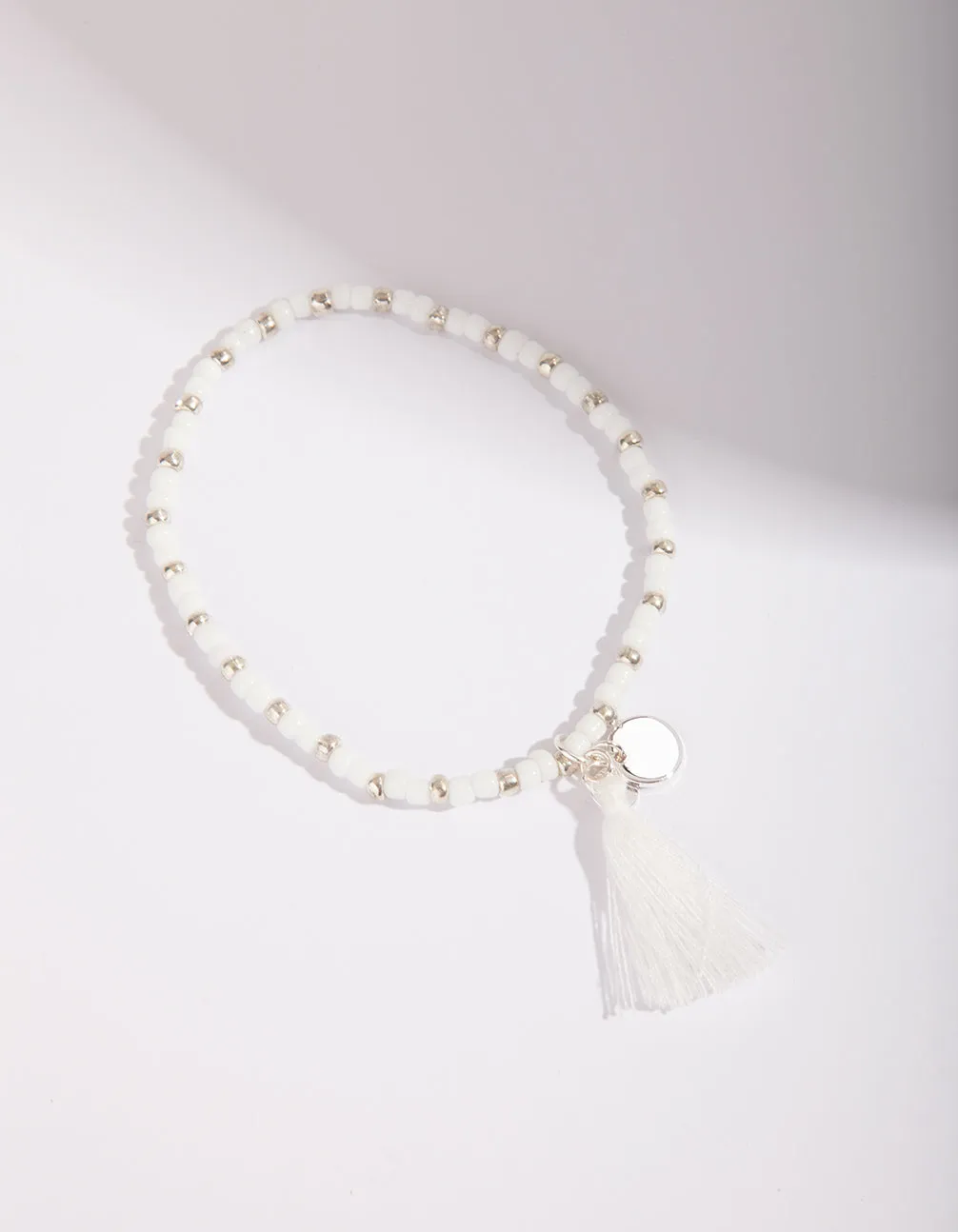 Silver White Bead Stretch Bracelet