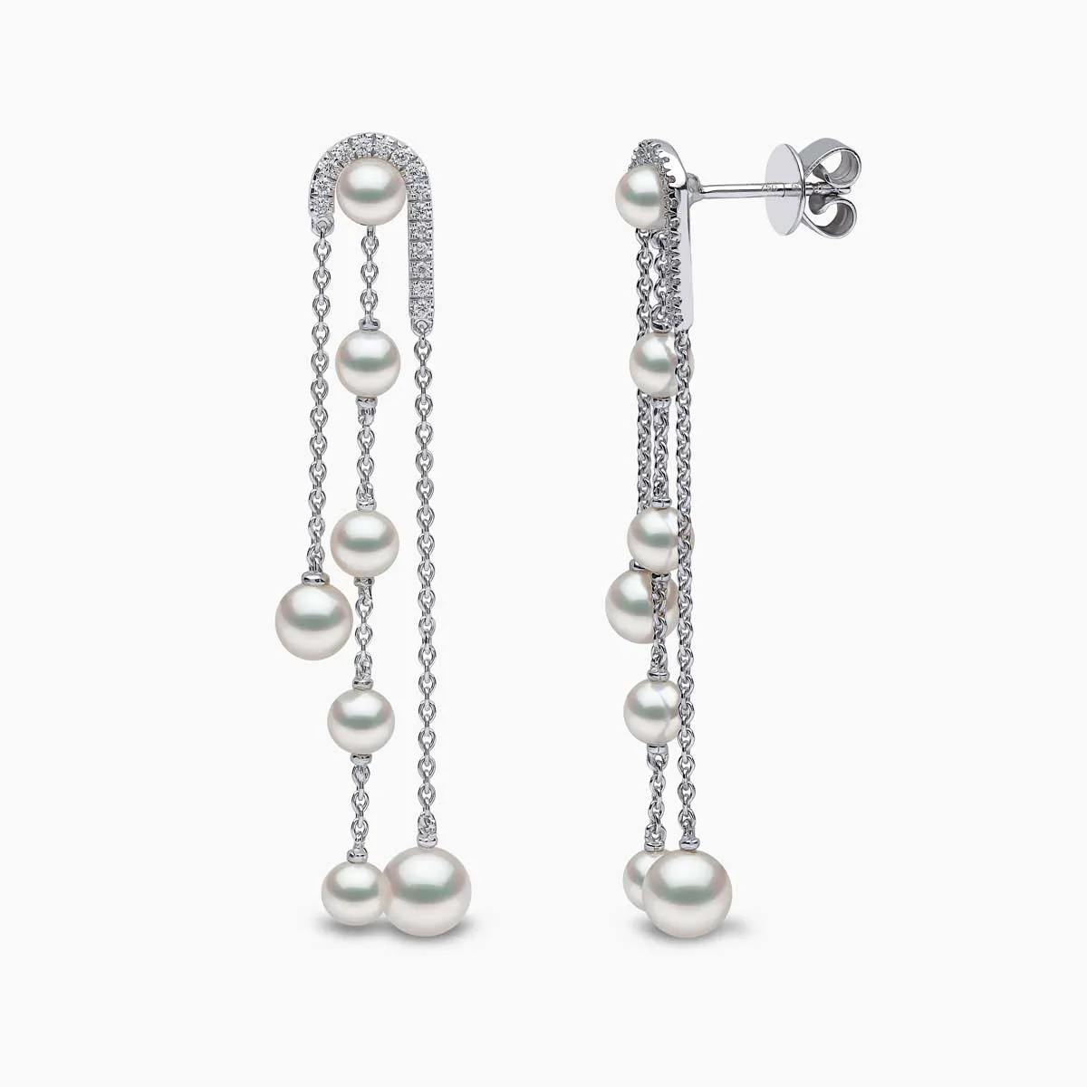 Sleek 18K Gold Freshwater Pearl and Diamond Chain Earrings