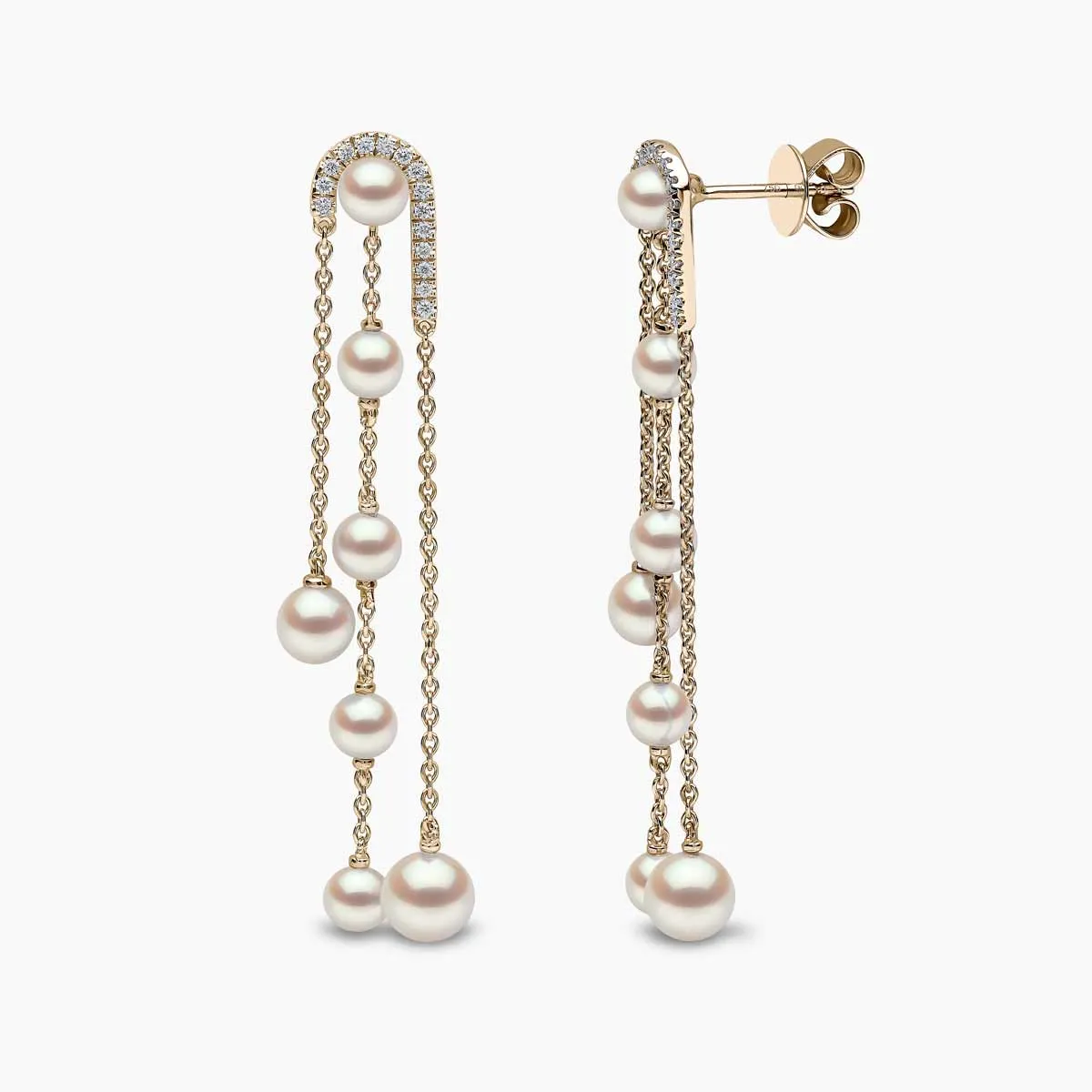 Sleek 18K Gold Freshwater Pearl and Diamond Chain Earrings