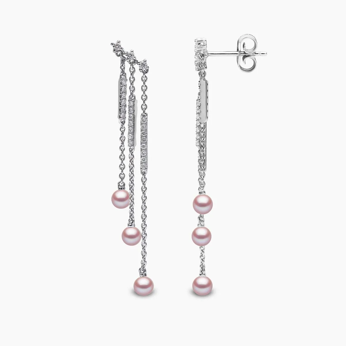 Sleek 18K Gold Pearl and Diamond Triple Chain Drop Earrings