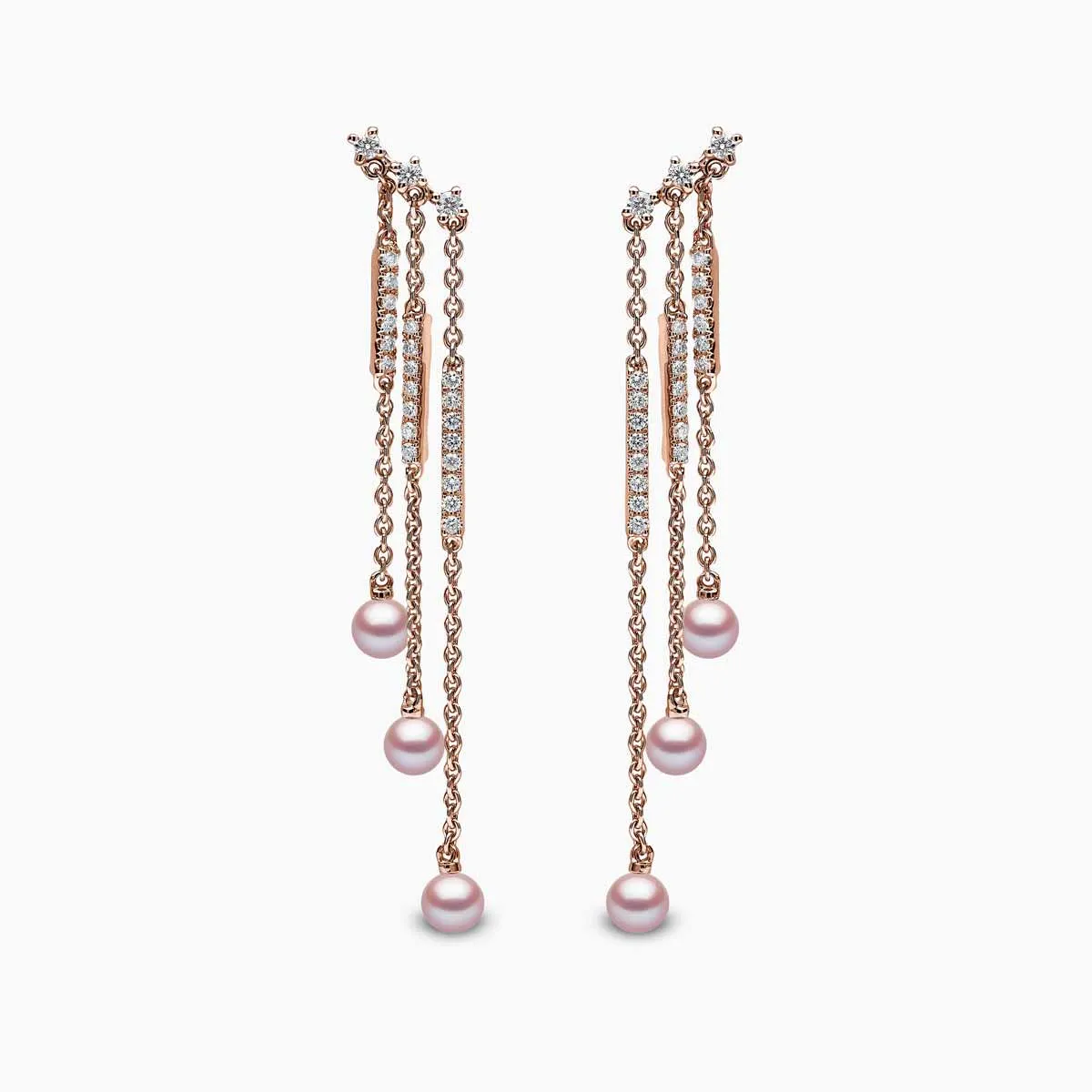 Sleek 18K Gold Pearl and Diamond Triple Chain Drop Earrings