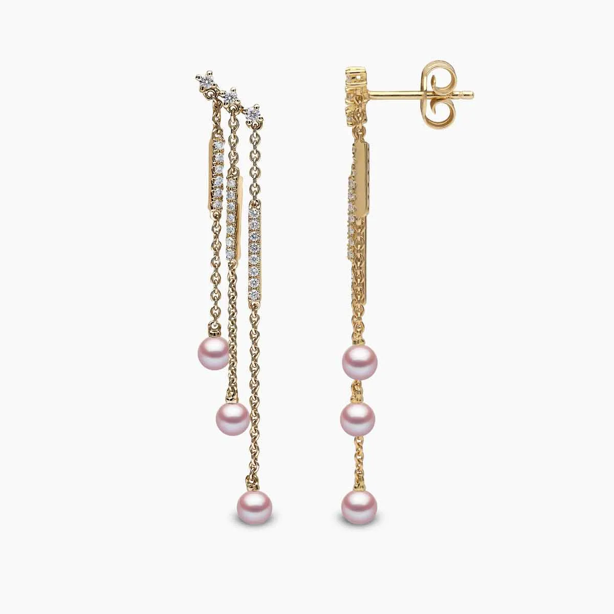 Sleek 18K Gold Pearl and Diamond Triple Chain Drop Earrings