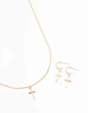 Sleek Gold Cross Necklace & Earring Set