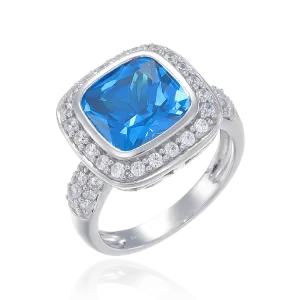 Sparkling Blue Cushion Cut Ring with Halo