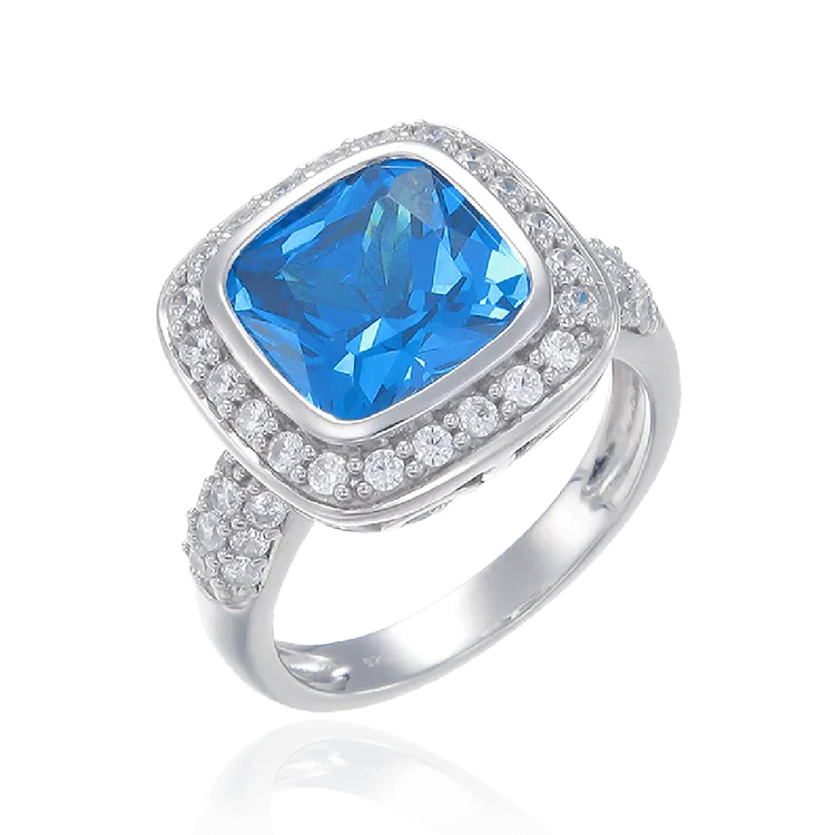 Sparkling Blue Cushion Cut Ring with Halo