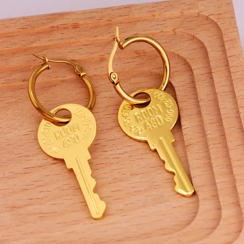 Statement Jewelry Key Drop Earrings for Women in Gold Color