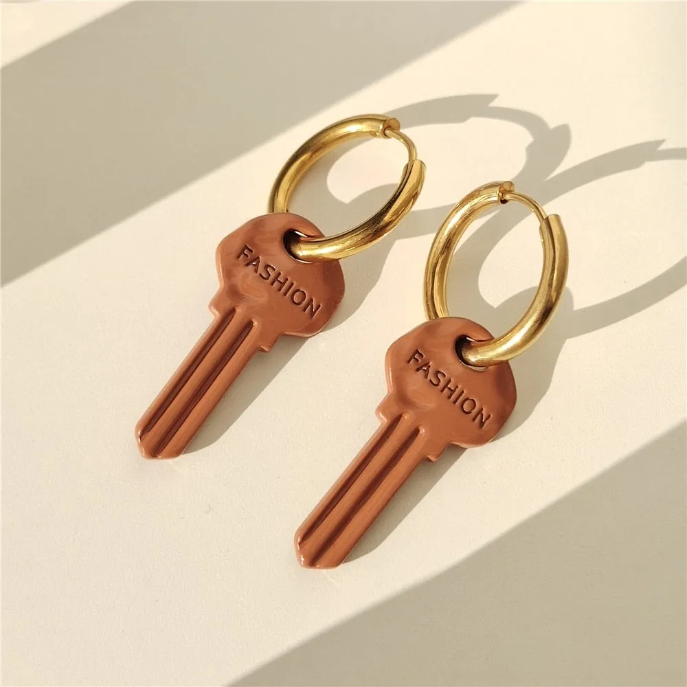 Statement Jewelry Key Drop Earrings for Women in Gold Color