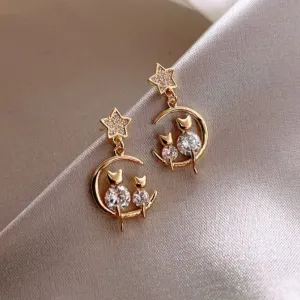 Sweet Jewelry Cat Moon Stud Earrings For Women in Gold Color