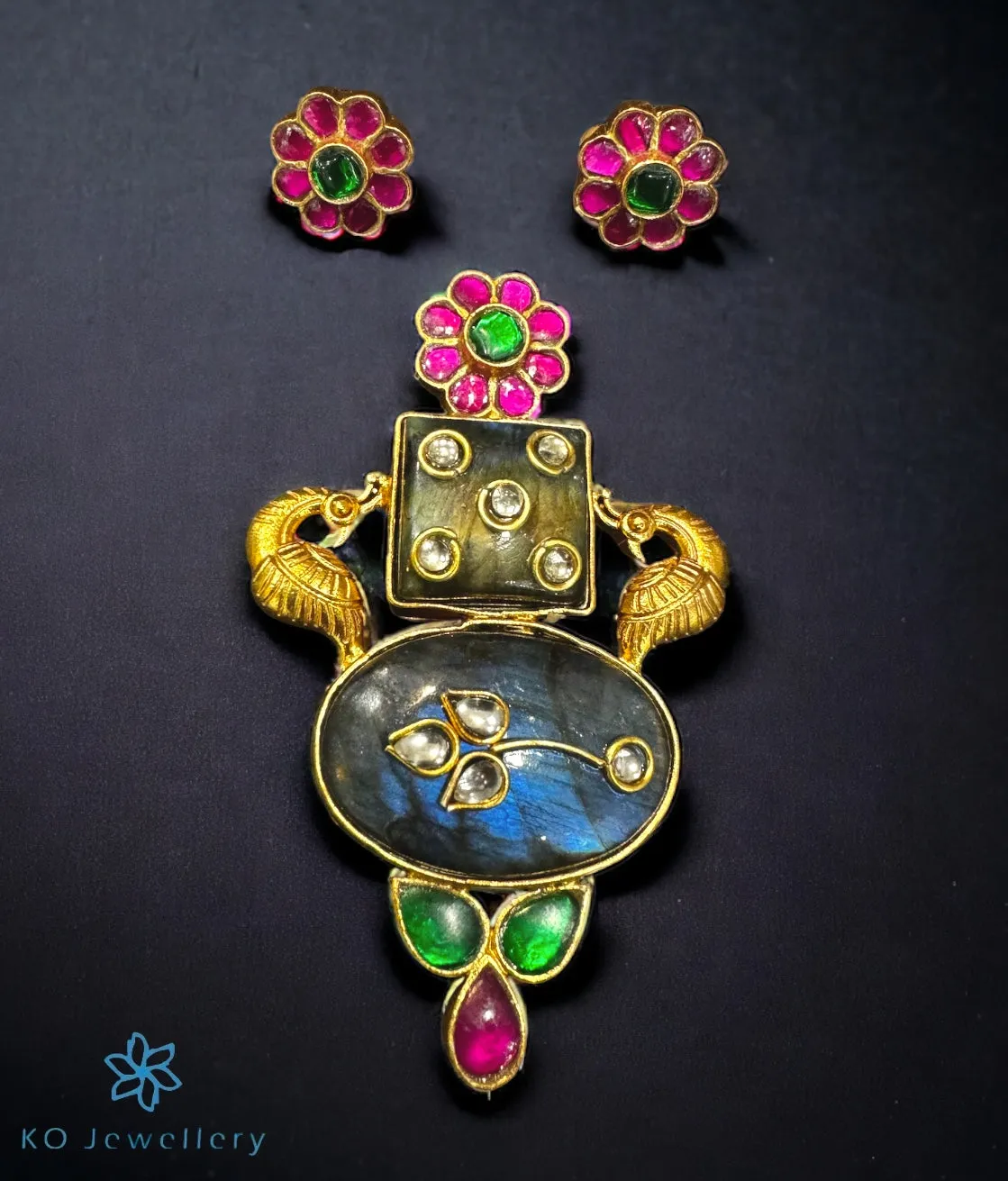 The Radhana Peacock Silver Kundan Pendant Set