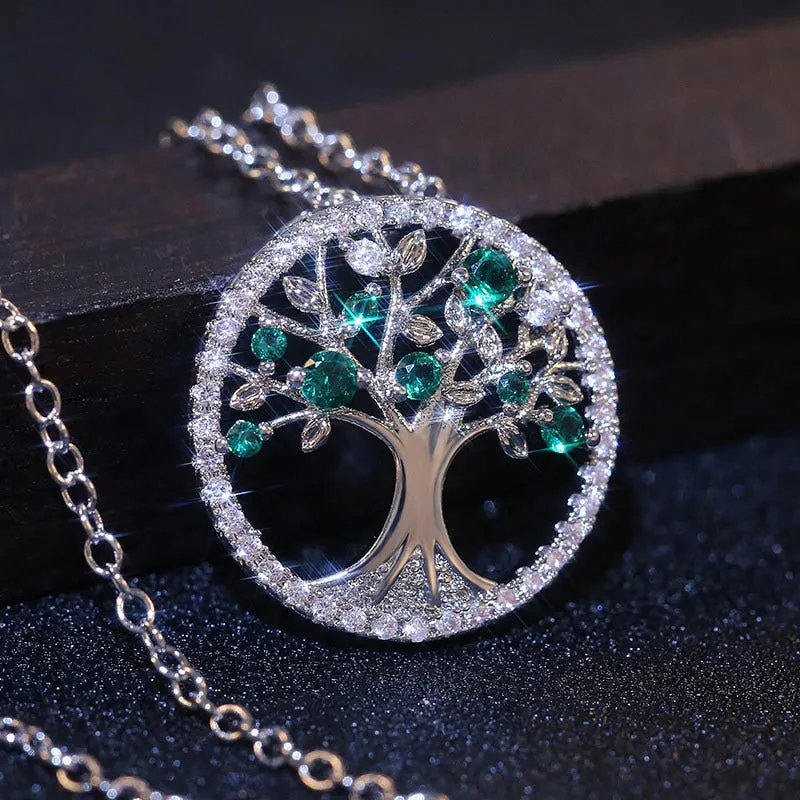 Tree of Life Zircon Round Pendant Necklace Women Jewelry Purple Green Crystal Vintage Charm Necklaces