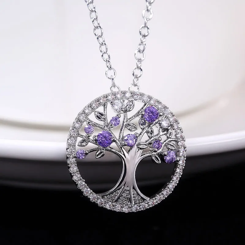 Tree of Life Zircon Round Pendant Necklace Women Jewelry Purple Green Crystal Vintage Charm Necklaces