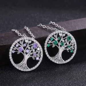 Tree of Life Zircon Round Pendant Necklace Women Jewelry Purple Green Crystal Vintage Charm Necklaces