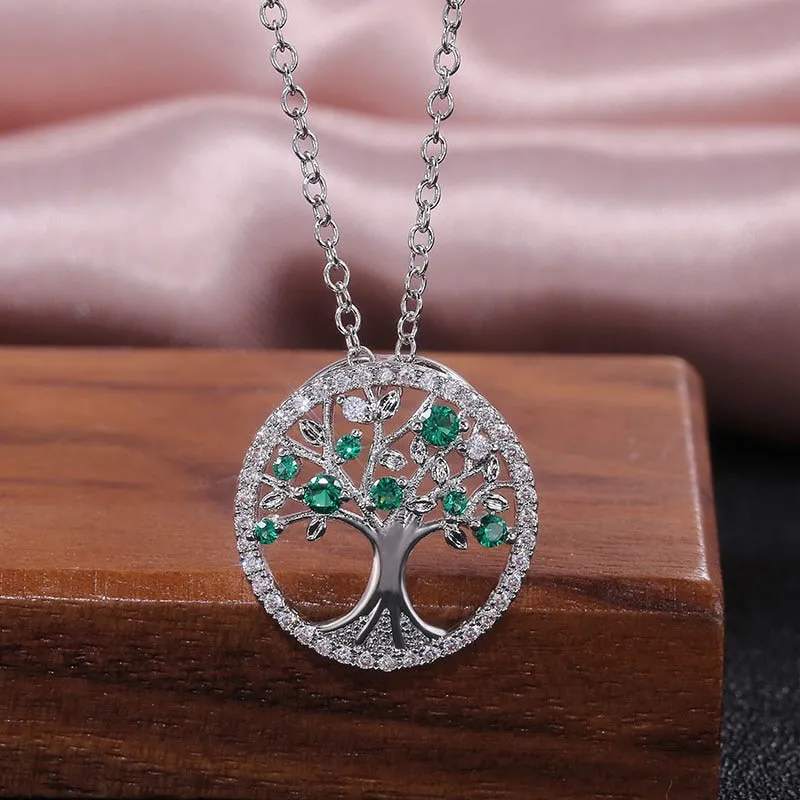 Tree of Life Zircon Round Pendant Necklace Women Jewelry Purple Green Crystal Vintage Charm Necklaces