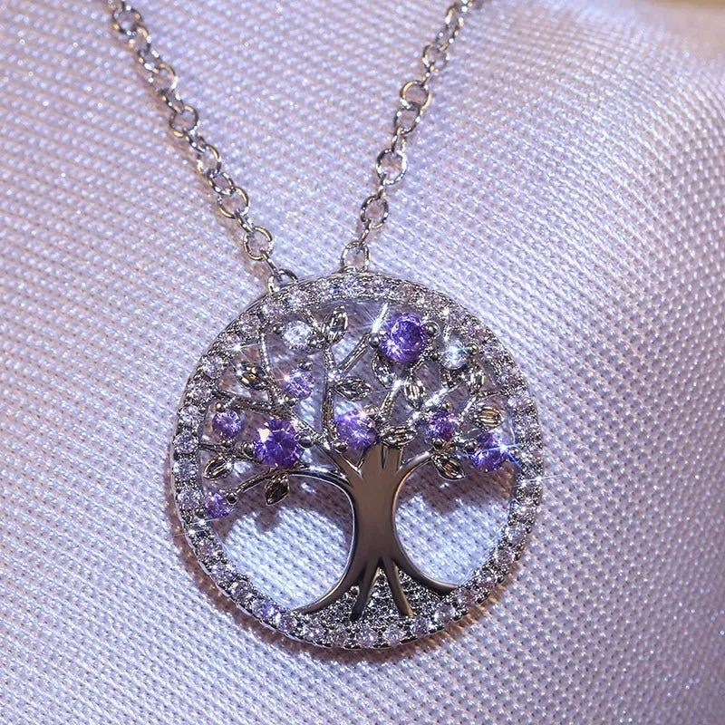 Tree of Life Zircon Round Pendant Necklace Women Jewelry Purple Green Crystal Vintage Charm Necklaces