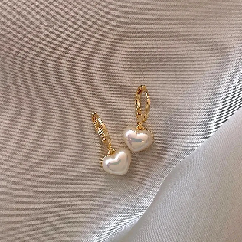 VAIGE Elegant Gold Pearl Heart Huggie Hoop Earrings