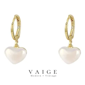 VAIGE Elegant Gold Pearl Heart Huggie Hoop Earrings