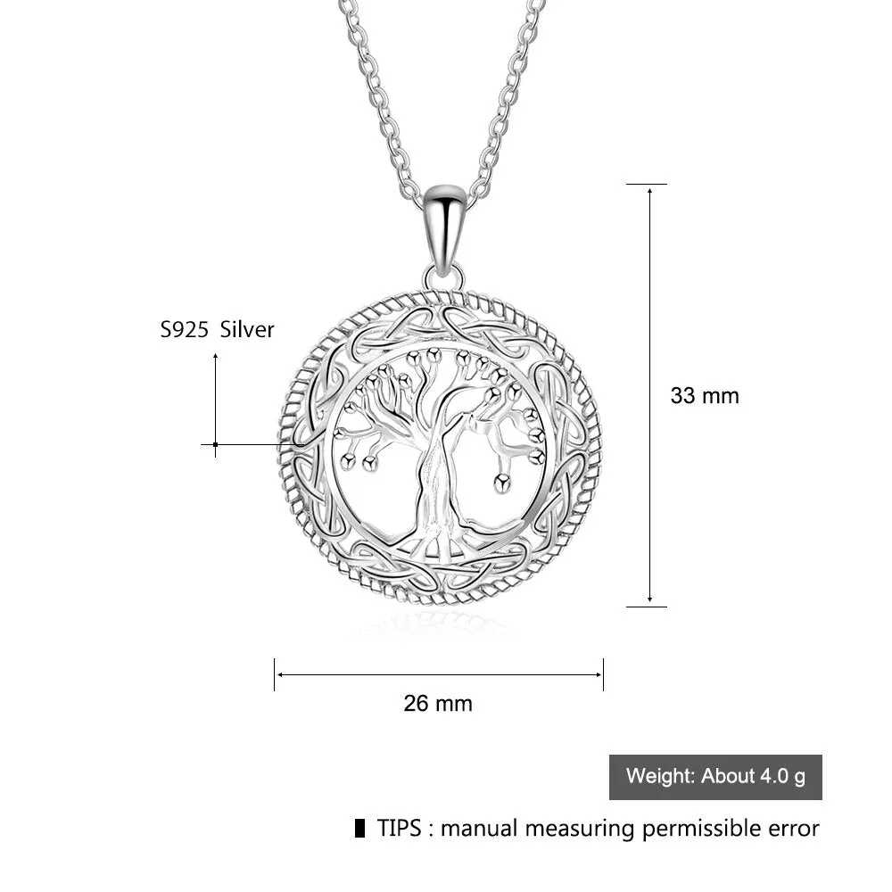 Vintage 925 Sterling Silver Tree of Life Round Pendant Necklace Women Silver Jewelry Birthday Gift for Grandma