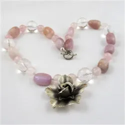 Whimsical Jasmine Flower Pink  & Rock Crystal Gemstone Bead Necklace