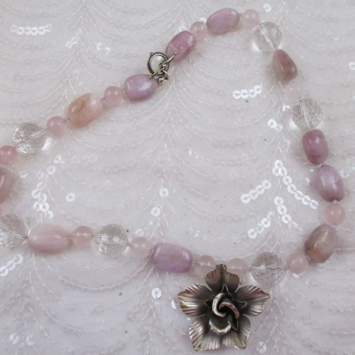 Whimsical Jasmine Flower Pink  & Rock Crystal Gemstone Bead Necklace