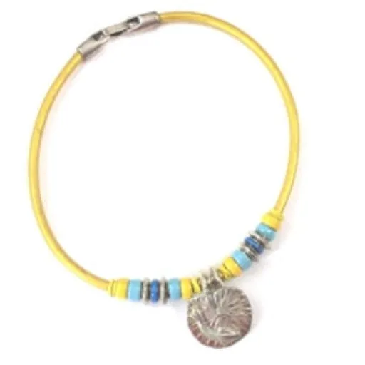 Yellow Leather Necklace with Silver Fish Motif  Pendant