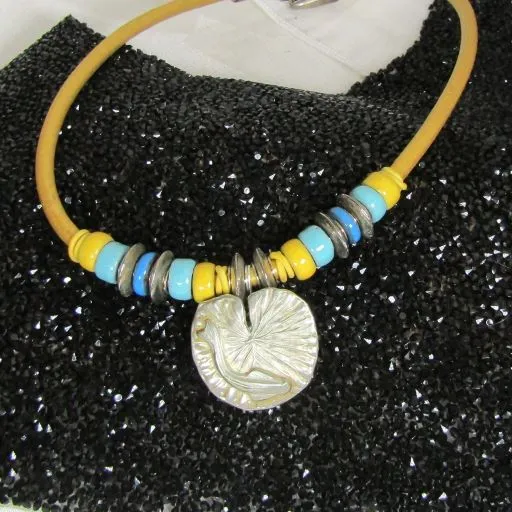 Yellow Leather Necklace with Silver Fish Motif  Pendant